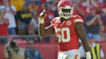 Oct 26, 2014; Kansas City, MO, USA; Kansas City Chiefs outside linebacker Justin Houston (50) celebrates after sacking St. Louis Rams quarterback Austin Davis (9) (not pictured) during the second half at Arrowhead Stadium. The Chiefs won 34-7. Mandatory Credit: Denny Medley-USA TODAY Sports