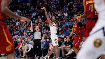 Denver Nuggets guard Bones Hyland (3) watches his shot in the second quarter against the Cleveland Cavaliers at Ball Arena on 25 Oct. 2021. (Isaiah J. Downing-USA TODAY Sports)