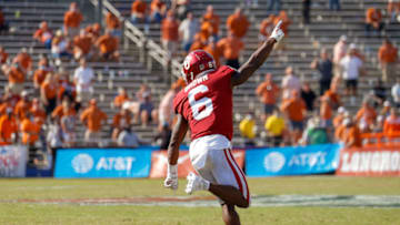 Oct 10, 2020; Dallas, Texas, USA; Oklahoma Sooners defensive back Tre Brown (6) celebrates after making the game winning interception against the Texas Longhorns in overtime of the Red River Showdown at Cotton Bowl. Mandatory Credit: Andrew Dieb-USA TODAY Sports