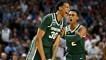 GREENVILLE, SOUTH CAROLINA - MARCH 20: Marcus Bingham Jr. #30 of the Michigan State Spartans reacts in the second half against the Duke Blue Devils during the second round of the 2022 NCAA Men's Basketball Tournament at Bon Secours Wellness Arena on March 20, 2022 in Greenville, South Carolina. (Photo by Eakin Howard/Getty Images)