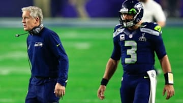 Feb 1, 2015; Glendale, AZ, USA; Seattle Seahawks head coach Pete Carroll and quarterback Russell Wilson (3) in Super Bowl XLIX against the New England Patriotsat University of Phoenix Stadium. Mandatory Credit: Andrew Weber-USA TODAY Sports