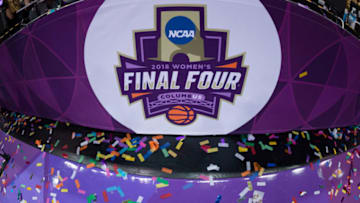 COLUMBUS, OH - APRIL 01: A detailed view of the 2018 Women's Final Four logo with remnants of confetti after the National Championship game between the Mississippi State Lady Bulldogs and the Notre Dame Fighting Irish on April 1, 2018 at Nationwide Arena. Notre Dame won 61-58. (Photo by Adam Lacy/Icon Sportswire via Getty Images)