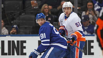 Valtteri Filppula #51 of the New York Islanders skates against John Tavares #91 of the Toronto Maple Leafs during an NHL game at Scotiabank Arena. (Photo by Claus Andersen/Getty Images)