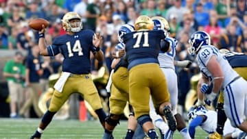 Sep 24, 2016; South Bend, IN, USA; Notre Dame Fighting Irish quarterback DeShone Kizer (14) throws in the fourth quarter against the Duke Blue Devils at Notre Dame Stadium. Duke won 38-35. Mandatory Credit: Matt Cashore-USA TODAY Sports