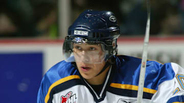 VANCOUVER - OCTOBER 24: Wacey Rabbit #20 of the Saskatoon Blades watches the action during the Western Hockey League game against the Vancouver Giants at Pacific Coliseum on October 24, 2004 in Vancouver, Canada. The Blades won 4-1. (Photo by Chris Relke/Getty Images)