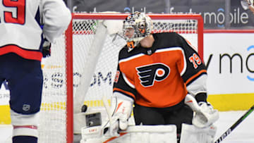 Mar 13, 2021; Philadelphia, Pennsylvania, USA; Philadelphia Flyers goaltender Carter Hart (79) can't stop goal by Washington Capitals left wing Alex Ovechkin (8) (not pictured) during the second period at Wells Fargo Center. Mandatory Credit: Eric Hartline-USA TODAY Sports