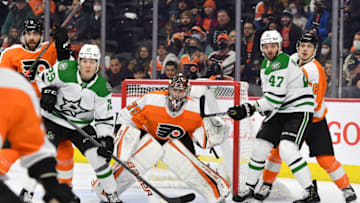 Jan 24, 2022; Philadelphia, Pennsylvania, USA; Dallas Stars left wing Joel Kiviranta (25) and right wing Alexander Radulov (47) watch the action with Philadelphia Flyers goaltender Carter Hart (79) during the third period at Wells Fargo Center. Mandatory Credit: Eric Hartline-USA TODAY Sports