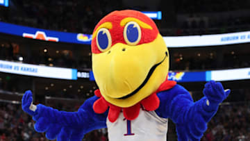 SALT LAKE CITY, UTAH - MARCH 23: The Kansas Jayhawks mascot is seen during their game against the Auburn Tigers in the Second Round of the NCAA Basketball Tournament at Vivint Smart Home Arena on March 23, 2019 in Salt Lake City, Utah. (Photo by Tom Pennington/Getty Images)