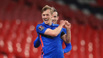 LONDON, ENGLAND - MARCH 25: James Ward-Prowse of England celebrates after scoring their team's first goal during the FIFA World Cup 2022 Qatar qualifying match between England and San Marino at Wembley Stadium on March 25, 2021 in London, England. Sporting stadiums around the UK remain under strict restrictions due to the Coronavirus Pandemic as Government social distancing laws prohibit fans inside venues resulting in games being played behind closed doors. (Photo by Adam Davy - Pool/Getty Images)