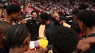 MIAMI, FL - MARCH 29: The Miami Heat huddle before the game against the Chicago Bulls on March 29, 2018 at American Airlines Arena in Miami, Florida. NOTE TO USER: User expressly acknowledges and agrees that, by downloading and or using this Photograph, user is consenting to the terms and conditions of the Getty Images License Agreement. Mandatory Copyright Notice: Copyright 2018 NBAE (Photo by Issac Baldizon/NBAE via Getty Images)