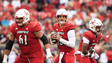 LOUISVILLE, KENTUCKY - OCTOBER 28: Jack Plummer #13 of the Louisville Cardinals looks to pass during the first half in the game against the Duke Blue Devils at Cardinal Stadium on October 28, 2023 in Louisville, Kentucky. (Photo by Justin Casterline/Getty Images)