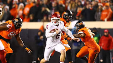 Nov 28, 2015; Stillwater, OK, USA; Oklahoma Sooners quarterback Baker Mayfield (6) runs the ball in the second quarter against the Oklahoma State Cowboys at Boone Pickens Stadium. Mandatory Credit: Mark J. Rebilas-USA TODAY Sports