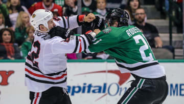 DALLAS, TX - FEBRUARY 04: Chicago Blackhawks right wing Jordin Tootoo (22) and Dallas Stars left wing Antoine Roussel (21) get into a fight during the game between the Dallas Stars and the Chicago Blackhawks on February 4, 2017 at the American Airlines Center in Dallas, Texas. Chicago defeats Dallas 5-3. (Photo by Matthew Pearce/Icon Sportswire via Getty Images)