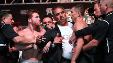 LAS VEGAS, NV - SEPTEMBER 14: Boxers Saul Alvarez and Gennady Golovkin face to face during Weigh-in at the T-Mobile Arena on September 14, 2018 in Las Vegas, Nevada. (Photo by Omar Vega/Getty Images)