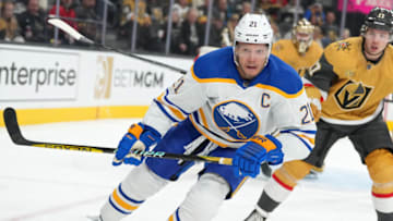 Dec 19, 2022; Las Vegas, Nevada, USA; Buffalo Sabres right wing Kyle Okposo (21) skates against the Vegas Golden Knights during the first period at T-Mobile Arena. Mandatory Credit: Stephen R. Sylvanie-USA TODAY Sports