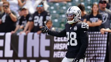 OAKLAND, CALIFORNIA - SEPTEMBER 15: Josh Jacobs #28 of the Oakland Raiders warms up prior to the game against the Kansas City Chiefs at RingCentral Coliseum on September 15, 2019 in Oakland, California. (Photo by Daniel Shirey/Getty Images)
