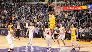 LOS ANGELES, CA - JANUARY 19: Julius Randle #30 of the Los Angeles Lakers dunks the ball during the game against the Indiana Pacers on January 19, 2018 at STAPLES Center in Los Angeles, California. NOTE TO USER: User expressly acknowledges and agrees that, by downloading and/or using this Photograph, user is consenting to the terms and conditions of the Getty Images License Agreement. Mandatory Copyright Notice: Copyright 2018 NBAE (Photo by Andrew D. Bernstein/NBAE via Getty Images)