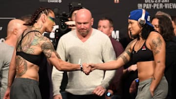 INGLEWOOD, CA - DECEMBER 28: (L-R) Opponents Cris Cyborg of Brazil and Amanda Nunes of Brazil shake hands during the UFC 232 weigh-in inside The Forum on December 28, 2018 in Inglewood, California. (Photo by Josh Hedges/Zuffa LLC/Zuffa LLC via Getty Images)