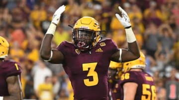 TEMPE, AZ - SEPTEMBER 01: Running back Eno Benjamin #3 of the Arizona State Sun Devils celebrates a three yard touchdown in the first half against the UTSA Roadrunners at Sun Devil Stadium on September 1, 2018 in Tempe, Arizona. (Photo by Jennifer Stewart/Getty Images)