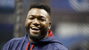 Aug 22, 2016; St. Petersburg, FL, USA; Boston Red Sox designated hitter David Ortiz (34) laughs as he works out prior to the game against the Tampa Bay Rays at Tropicana Field. Mandatory Credit: Kim Klement-USA TODAY Sports