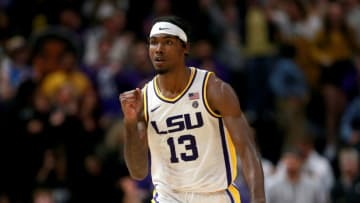 BATON ROUGE, LOUISIANA - FEBRUARY 01: Tari Eason #13 of the LSU Tigers reacts after scoirng during the first half against the Mississippi Rebels at Pete Maravich Assembly Center on February 01, 2022 in Baton Rouge, Louisiana. (Photo by Sean Gardner/Getty Images)