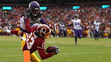 LANDOVER, MD - NOVEMBER 12: Wide receiver Maurice Harris #13 of the Washington Redskins catches a touchdown pass in front of cornerback Trae Waynes #26 of the Minnesota Vikings during the first quarter at FedExField on November 12, 2017 in Landover, Maryland. (Photo by Patrick Smith/Getty Images)