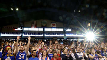 LAWRENCE, KANSAS - JANUARY 04: Kansas Jayhawks fans cheer prior to the start of the game against the West Virginia Mountaineers at Allen Fieldhouse on January 04, 2020 in Lawrence, Kansas. (Photo by Jamie Squire/Getty Images)