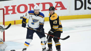 BOSTON, MA - JUNE 6: Ivan Barbashev #49 of the St. Louis Blues against Torey Krug #47 of the Boston Bruins in Game Five of the Stanley Cup Final during the 2019 NHL Stanley Cup Playoffs at the TD Garden on June 6, 2019 in Boston, Massachusetts. (Photo by Steve Babineau/NHLI via Getty Images)