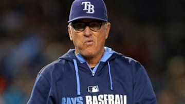 Sep 9, 2014; Bronx, NY, USA; Tampa Bay Rays manager Joe Maddon (70) makes a pitching change against the New York Yankees during the seventh inning at Yankee Stadium. Mandatory Credit: Adam Hunger-USA TODAY Sports