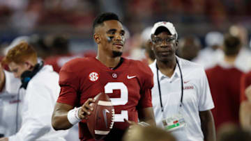ORLANDO, FL - SEPTEMBER 01: Jalen Hurts #2 of the Alabama Crimson Tide looks on from the sideline during a game against the Louisville Cardinals at Camping World Stadium on September 1, 2018 in Orlando, Florida. Alabama won 51-14. (Photo by Joe Robbins/Getty Images)