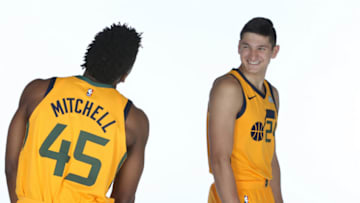 SALT LAKE CITY, UT - SEPTEMBER 24: Donovan Mitchell #45 and Grayson Allen #24 of the Utah Jazz pose for a portrait at media day on September 24, 2018 at the Zions Bank Basketball Campus in Salt Laker City, Utah. NOTE TO USER: User expressly acknowledges and agrees that, by downloading and or using this photograph, User is consenting to the terms and conditions of the Getty Images License Agreement. Mandatory Copyright Notice: Copyright 2018 NBAE (Photo by Melissa Majchrzak/NBAE via Getty Images)