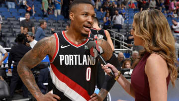 ORLANDO, FL - OCTOBER 25: Damian Lillard #0 of the Portland Trail Blazers speaks to the media after the game against the Orlando Magic on October 25, 2018 at Amway Center in Orlando, Florida. NOTE TO USER: User expressly acknowledges and agrees that, by downloading and/or using this photograph, user is consenting to the terms and conditions of the Getty Images License Agreement. Mandatory Copyright Notice: Copyright 2018 NBAE (Photo by Fernando Medina/NBAE via Getty Images)
