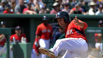 Apr 1, 2015; Fort Myers, FL, USA; Boston Red Sox third baseman Mike Miller (5) scores a run during the sixth inning against the Toronto Blue Jays at JetBlue Park. Mandatory Credit: Steve Mitchell-USA TODAY Sports