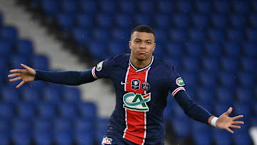 Paris Saint-Germain's French forward Kylian Mbappe celebrates after scoring a penalty kick during the French Cup round of 16 football match between Paris Saint-Germain (PSG) and Lille (LOSC) at the Parc des Princes stadium in Paris, on March 17, 2021. (Photo by FRANCK FIFE / AFP) (Photo by FRANCK FIFE/AFP via Getty Images)