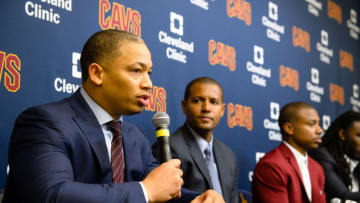 INDEPENDENCE, OH - SEPTEMBER 7: Cleveland Cavaliers head coach Tyronn Lue answers questions during a press conference introducing Isaiah Thomas, Jae Crowder