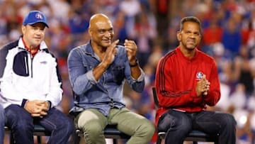 Sep 15, 2016; Orchard Park, NY, USA; Buffalo Bills former players Steve Tasker, Darryl Talley and Andre Reed during halftime at New Era Field. The Jets beat the Bills 37 to 31. Mandatory Credit: Timothy T. Ludwig-USA TODAY Sports