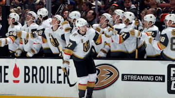 ANAHEIM, CA - DECEMBER 27: Shea Theodore #27 of the Vegas Golden Knights celebrates scoring against the Anaheim Ducks with teammates on the bench on December 27, 2017 at Honda Center in Anaheim, California. (Photo by Debora Robinson/NHLI via Getty Images)