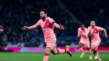 10 Leo Messi of FC Barcelona celebrating his goal during the Spanish championship La Liga football match between RCD Espanyol v FC Barcelona on December 08, 2018 at RCD Stadium stadium in Barcelona, Spain. (Photo by Xavier Bonilla/NurPhoto via Getty Images)