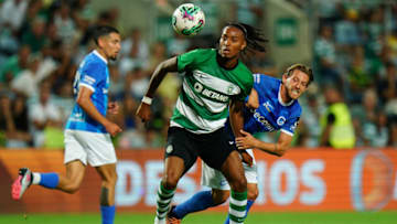 FARO, PORTUGAL - JULY 19: Youssef Chermiti of Sporting CP with Patrik Hrosovsky of KRC Genk in action during the Pre-Season Friendly match between Sporting CP and KRC Genk at Estadio Algarve on July 19, 2023 in Faro, Portugal. (Photo by Gualter Fatia/Getty Images)