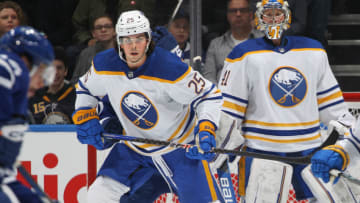 TORONTO, CANADA - MARCH 13: Owen Power #25 of the Buffalo Sabres skates against the Toronto Maple Leafs during an NHL game at Scotiabank Arena on March 13, 2023 in Toronto, Ontario, Canada. The Sabres defeated the Maple Leafs 4-3. (Photo by Claus Andersen/Getty Images)