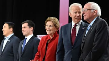 Democratic presidential hopefuls (fromL) entrepreneur Andrew Yang, Mayor of South Bend, Indiana Pete Buttigieg, Massachusetts Senator Elizabeth Warren, former Vice President Joe Biden and Vermont Senator Bernie Sanders arrive for the sixth Democratic primary debate of the 2020 presidential campaign season co-hosted by PBS NewsHour & Politico at Loyola Marymount University in Los Angeles, California on December 19, 2019. (Photo by Robyn Beck / AFP) (Photo by ROBYN BECK/AFP via Getty Images)