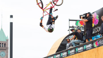 MINNEAPOLIS, MN - JULY 13: Jamie Bestwick flips during his 2nd run during the BMX Vert Final at X Games on July 13, 2017 at U.S. Bank Stadium in Minneapolis, Minnesota. (Photo by David Berding/Icon Sportswire via Getty Images)