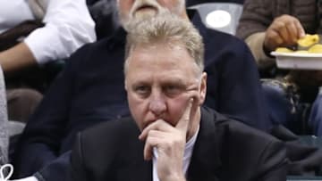 Dec 10, 2014; Indianapolis, IN, USA; Indiana Pacers president Larry Bird watches as the Pacers play against the Los Angeles Clippers at Bankers Life Fieldhouse. Los Angeles Clippers defeat the Indiana Pacers 103-96. Mandatory Credit: Brian Spurlock-USA TODAY Sports