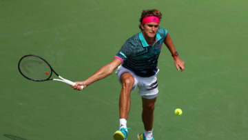 TORONTO, ON - AUGUST 10: Alexander Zverev of Germany plays a shot against Stefanos Tsitsipas of Greece during a quarter final match on Day 5 of the Rogers Cup at Aviva Centre on August 10, 2018 in Toronto, Canada. (Photo by Vaughn Ridley/Getty Images)