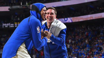PHILADELPHIA, PA - APRIL 14: Markelle Fultz #20 and T.J. McConnell #12 of the Philadelphia 76ers react against the Miami Heat in game one of round one of the 2018 NBA Playoffs on April 14, 2018 at Wells Fargo Center in Philadelphia, Pennsylvania NOTE TO USER: User expressly acknowledges and agrees that, by downloading and/or using this Photograph, user is consenting to the terms and conditions of the Getty Images License Agreement. Mandatory Copyright Notice: Copyright 2018 NBAE (Photo by Jesse D. Garrabrant/NBAE via Getty Images)