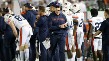 Auburn footballSep 18, 2021; University Park, Pennsylvania, USA; Auburn Tigers head coach Bryan Harsin looks on from the sideline during the third quarter against the Penn State Nittany Lions at Beaver Stadium. Penn State won 28-20. Mandatory Credit: Matthew OHaren-USA TODAY Sports