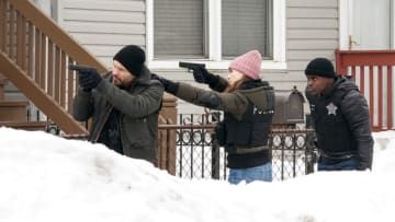 CHICAGO P.D. -- "The Radical Truth" Episode 810 -- Pictured: (l-r) Patrick John Flueger as Adam Ruzek, Marina Squerciati as Kim Burgess, Cleveland Berto as Andre Cooper -- (Photo by: Lori Allen/NBC)