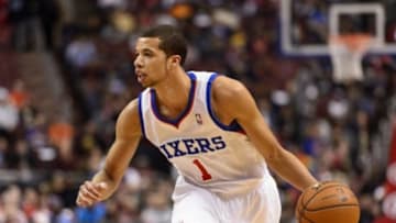 Mar 21, 2014; Philadelphia, PA, USA; Philadelphia 76ers guard Michael Carter-Williams (1) during the first quarter against the New York Knicks at the Wells Fargo Center. The Knicks defeated the Sixers 93-92. Mandatory Credit: Howard Smith-USA TODAY Sports