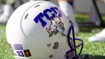 Nov 7, 2015; Stillwater, OK, USA; TCU Horned Frogs helmet with a tribute to Oklahoma State Cowboys homecoming at Boone Pickens Stadium. Mandatory Credit: Rob Ferguson-USA TODAY Sports