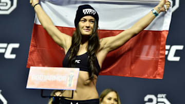 BROOKLYN, NEW YORK - APRIL 06: Karolina Kowalkiewicz of Poland poses on the scale during the UFC 223 weigh-in inside Barclays Center on April 6, 2018 in Brooklyn, New York. (Photo by Jeff Bottari/Zuffa LLC/Zuffa LLC via Getty Images)